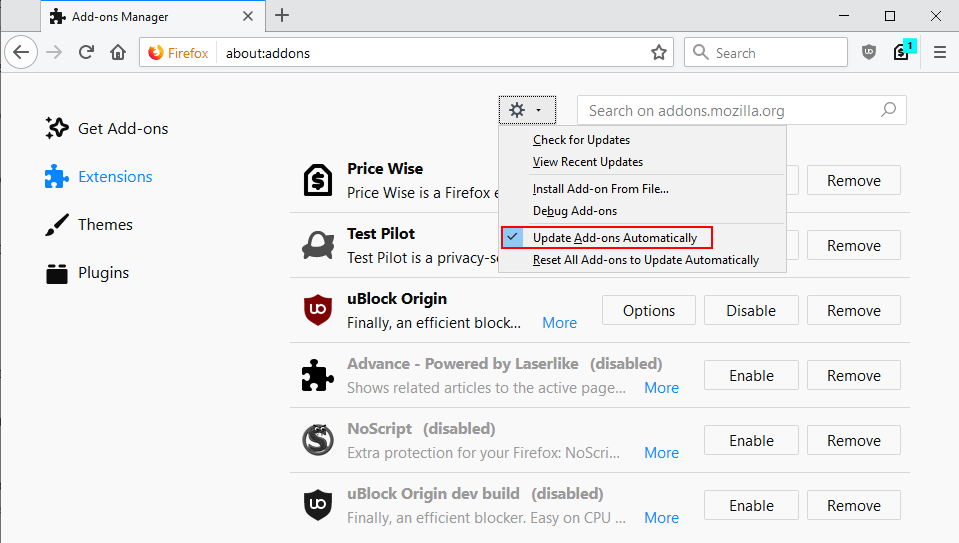 firefox blokuje automatyczne aktualizacje rozszerzeń