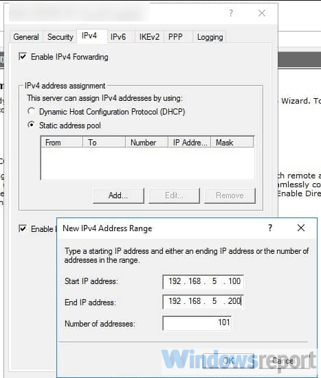 Pula adresów statycznych VPN na Windows Server 2019