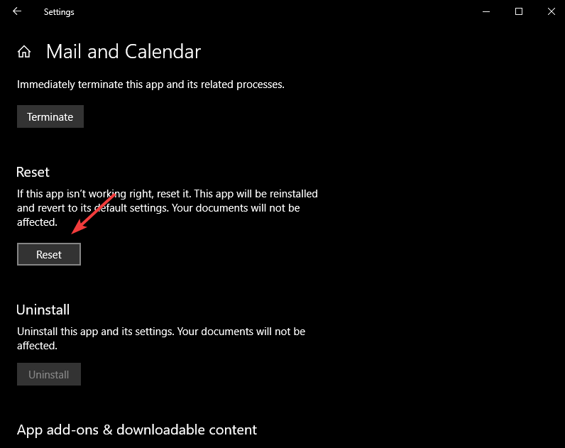 Resetuj aplikację Kalendarz - kalendarz Windows 10 nie wyświetla wydarzeń