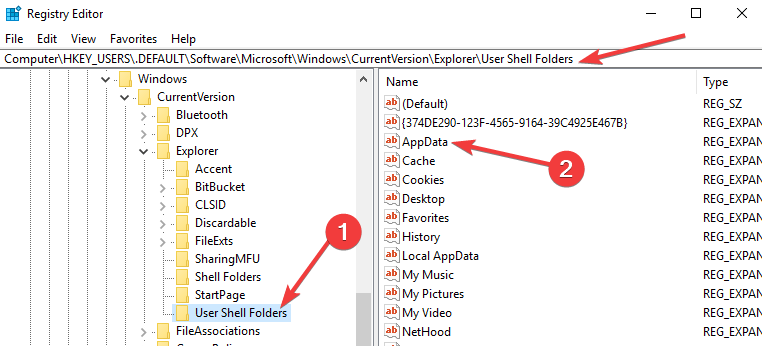 foldery powłoki użytkownika HKEY_USERS \ .DEFAULT \ Software \ Microsoft \ Windows \ CurrentVersion \ Explorer \ User Shell Folders