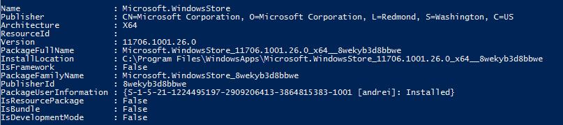 Windows Store Entry Power Shell