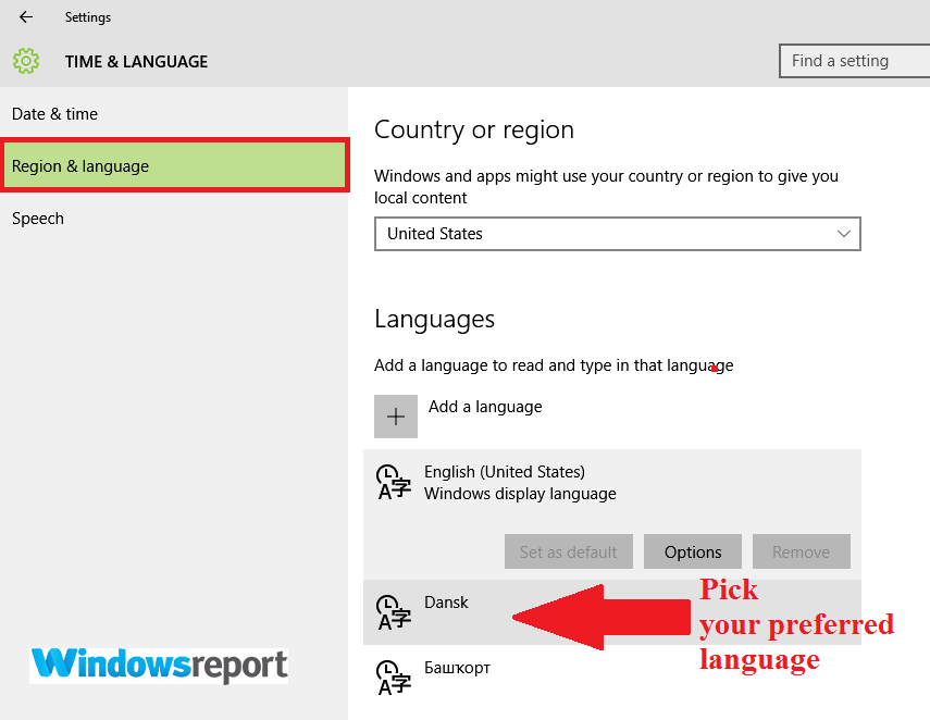 region i język Błąd 0x800f081e