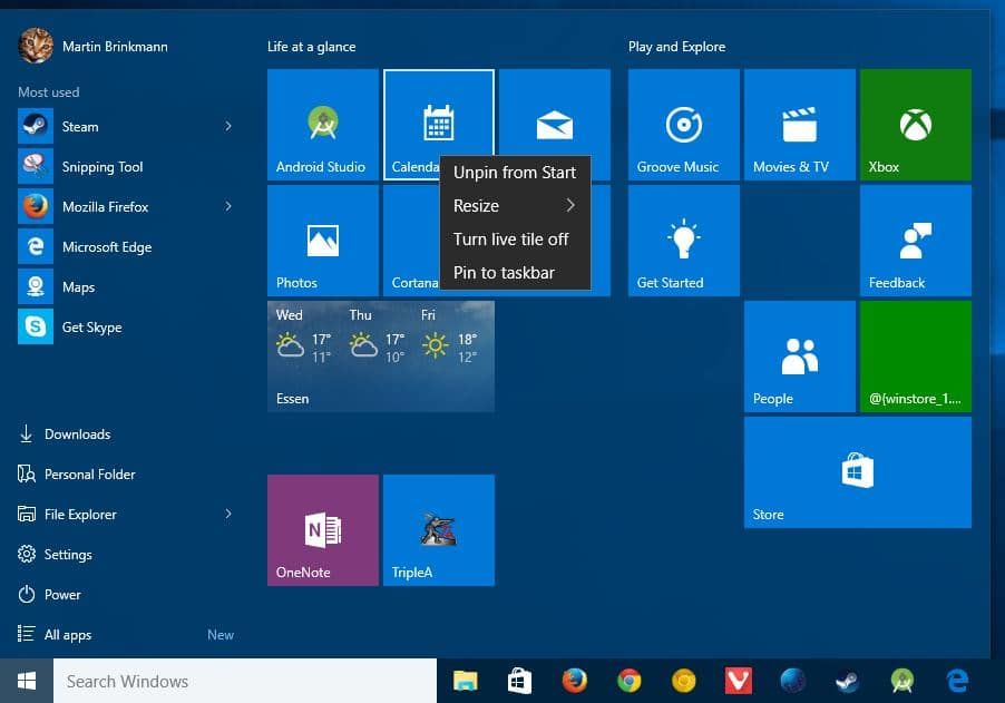 menu Start systemu Windows 10 usuń