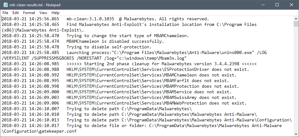 dziennik odinstalowywania malwarebytes