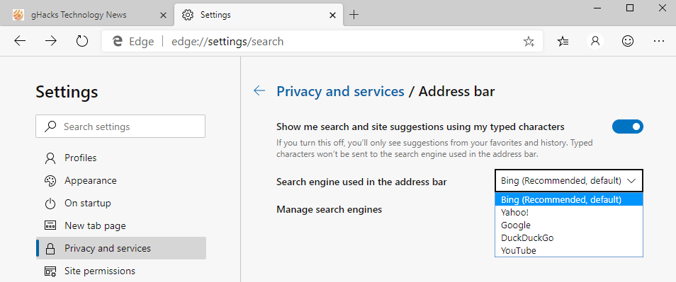 zmień wyszukiwarkę microsoft edge chromium