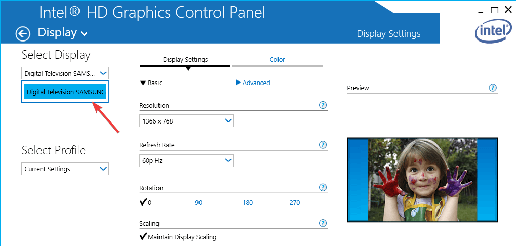 Graficzny panel sterowania Intel - Windows 10 nie rozpoznaje telewizora 4K