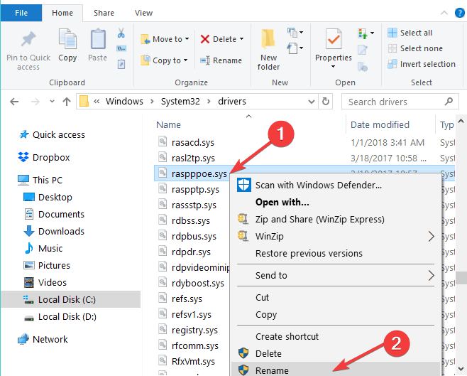 zmień nazwę systemu Windows na rasppoe.sys 10