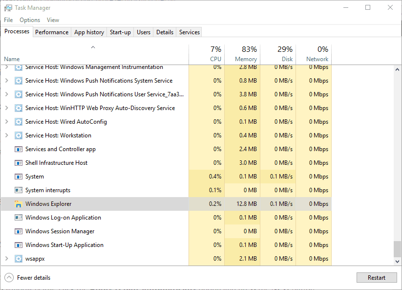 Menedżer zadań zrestartuje proces eksploratora Windows