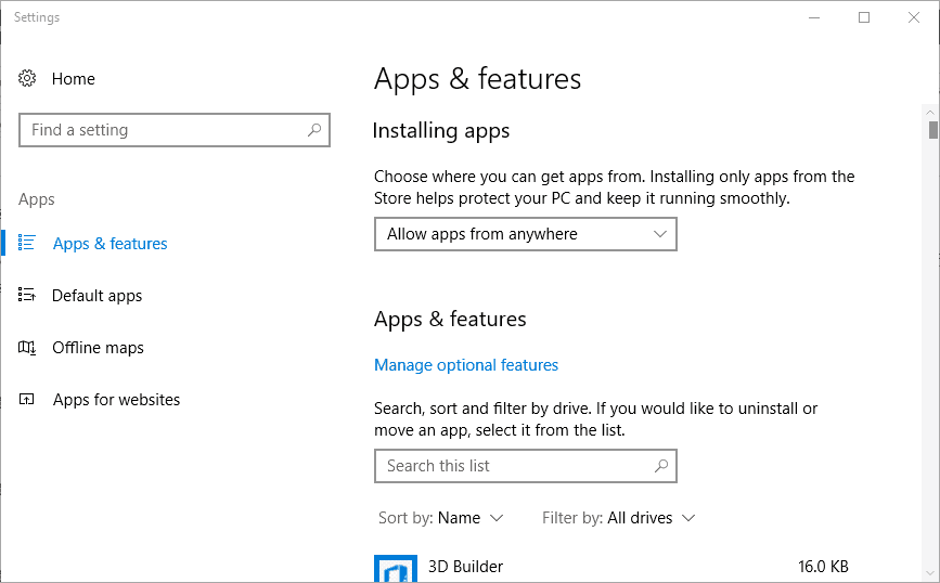 aplikacje i funkcje ustawienia systemu Windows 10