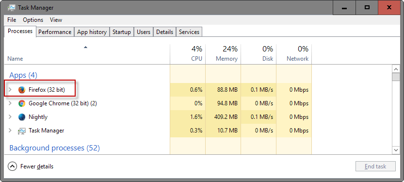 menedżer zadań firefox