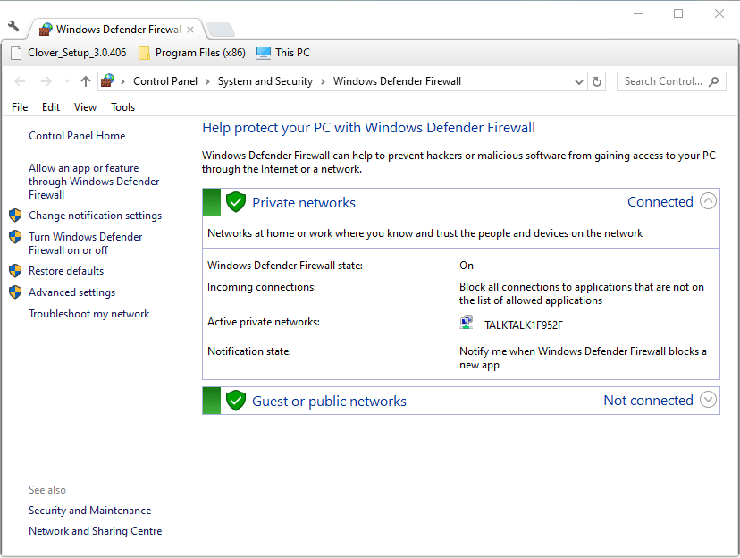 Apler Panel sterowania Windows Firewall Firewall sugeruje, że nie działa