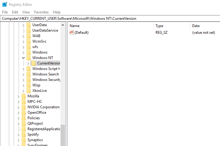 edytor rejestru HKEY_CURRENT_USER> Oprogramowanie> Microsoft> Windows NT> CurrentVersion «width =» 720 «height =» 480 «src =» https://cdn.windowsreport.com/wp-content/uploads/2019/04/Active-Directory-Domain-Services- Obecnie niedostępny w Windows 10-8.1-or-7-2.png «/><noscript><img decoding=