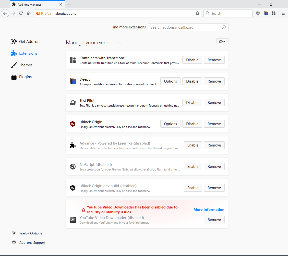 domyślny menedżer dodatków Firefox