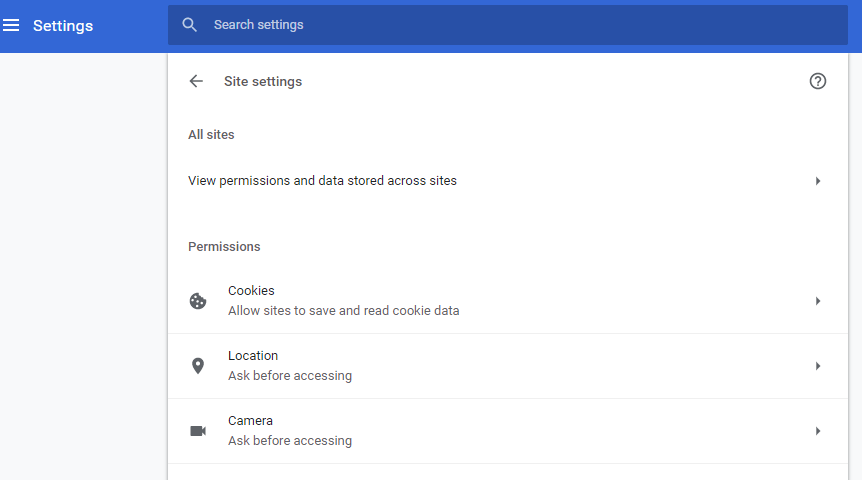 Chrome content. Allow website cookie settings.