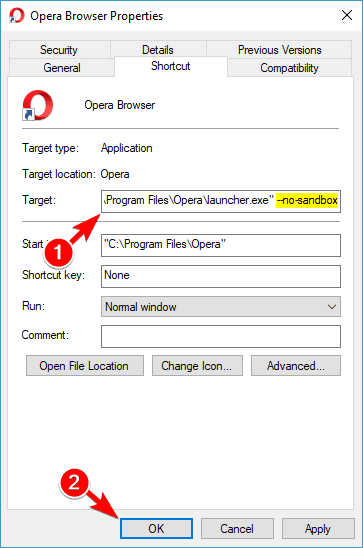 Opera nie działa w systemie Windows 10 nie dodawaj polecenia piaskownicy do skrótu Opera