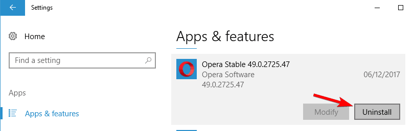 Opera nie działa na operze odinstalowującej Windows 10