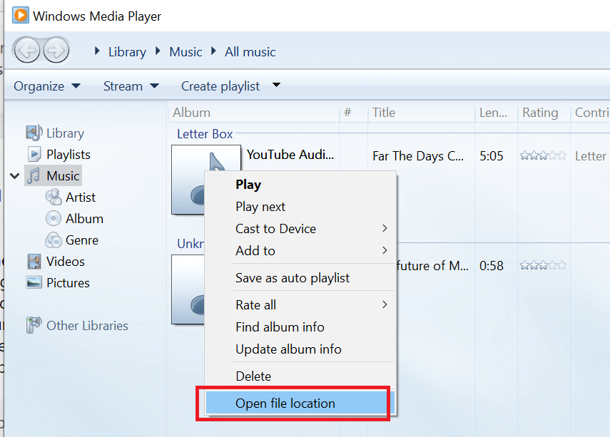 Windows Media Player Otwórz lokalizację pliku