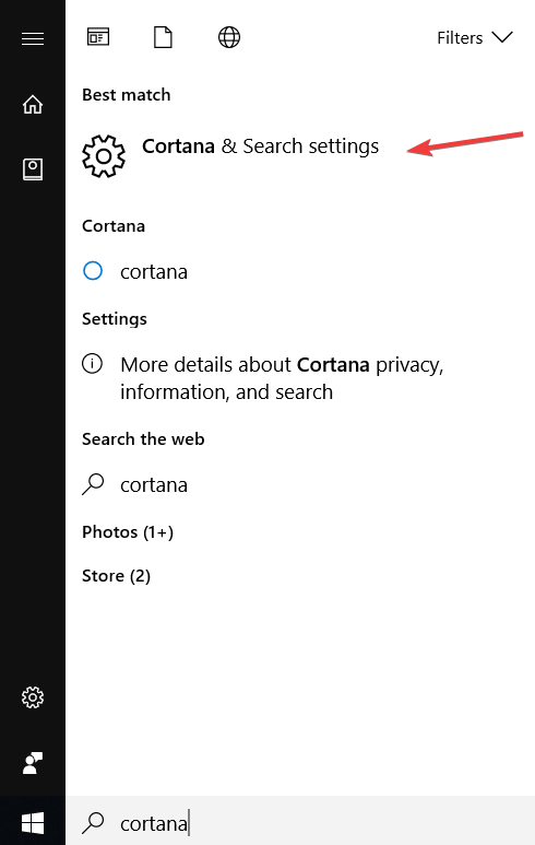 okna wyszukiwania Cortana 10