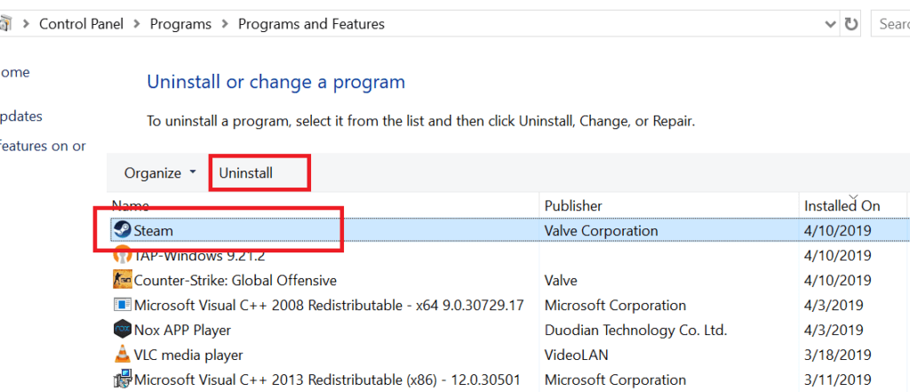 Odinstaluj programy i funkcje Steam Panel sterowania