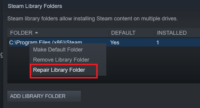 Folder biblioteki naprawy Steam