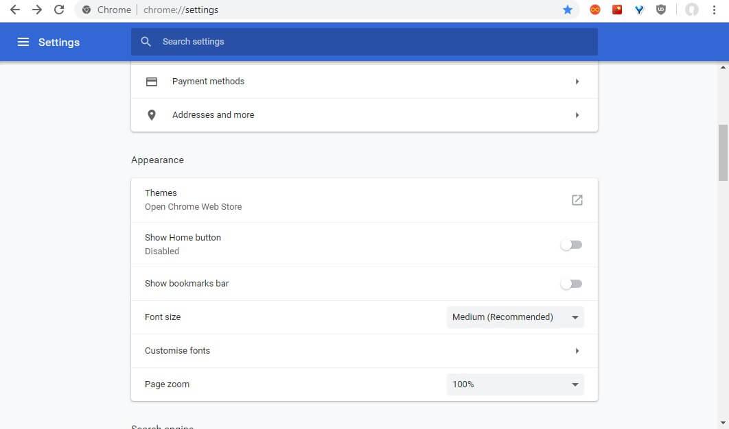 strona ustawień chrome chromowany biały ekran