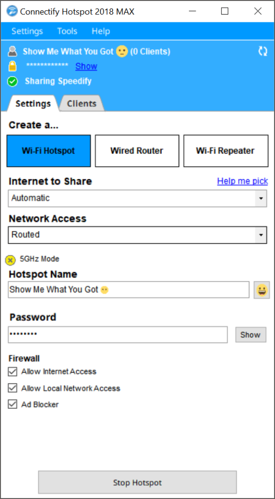 connectify interfejs hotspot