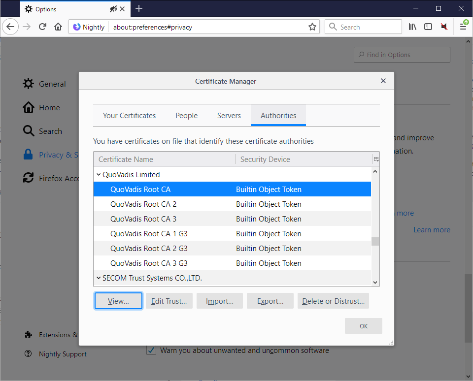 firefox root-certyfikaty usuń ciemną materię