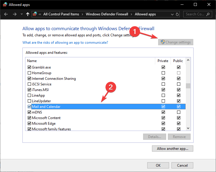 Zezwalaj aplikacji za pośrednictwem prywatnego i publicznego Zapory systemu Windows 10 kalendarza Windows 10 nie synchronizuje się z Gmailem / Outlook