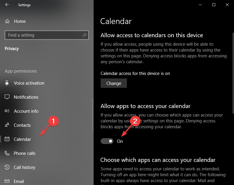 Zezwól aplikacjom na dostęp do Twojego kalendarza - kalendarz Windows 10 nie synchronizuje się z Gmailem / Outlook