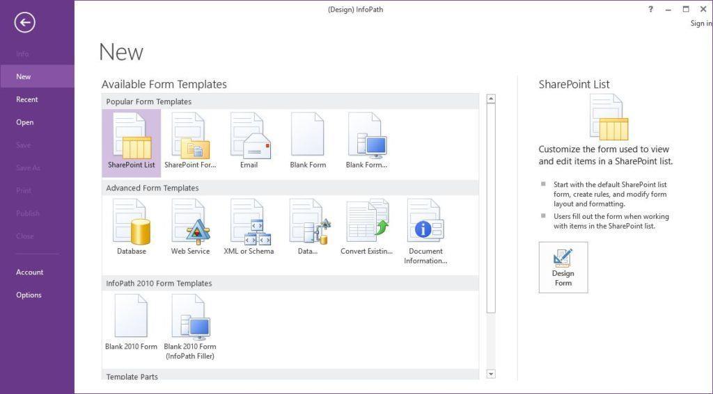 microsoft-infopath-main-screen