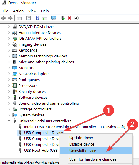 odinstaluj kontroler USB