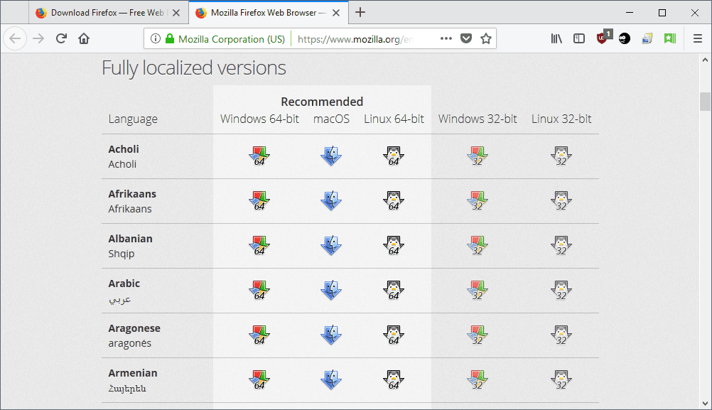 Firefox w pełni zlokalizowane wersje