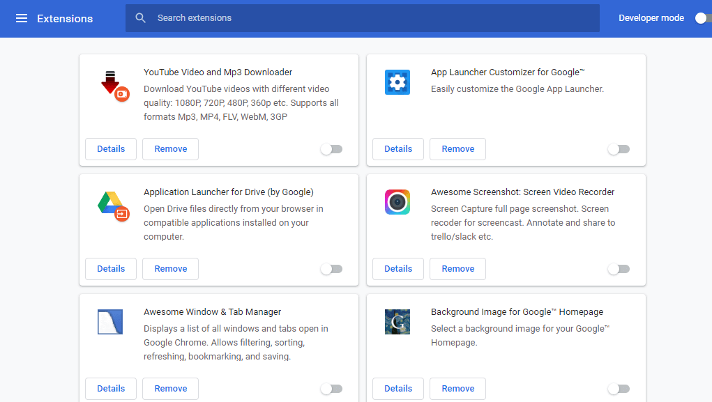 Karta asany rozszerzeń nie działa w chrome