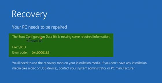 Brak danych konfiguracji rozruchu, kod błędu 0xc0000185