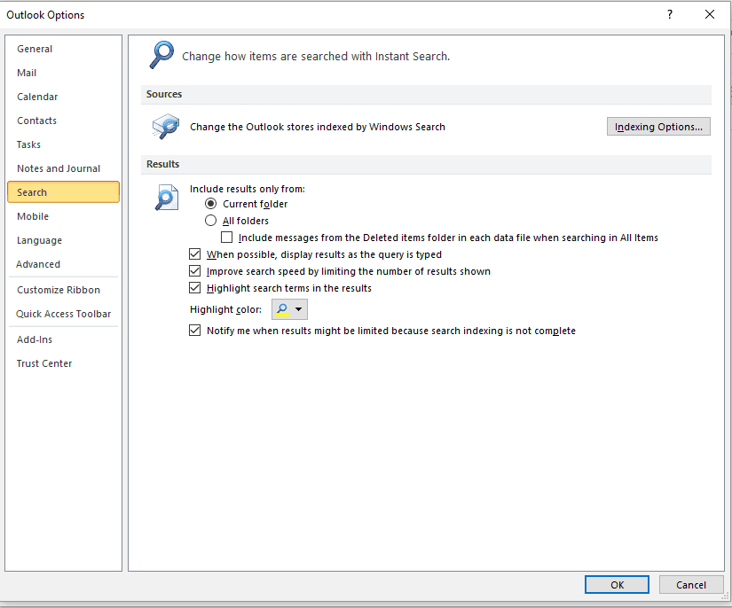 zmień opcje wyszukiwania programu Outlook