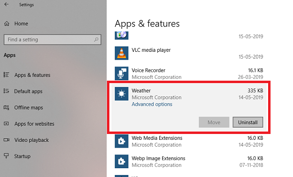 Odinstaluj aplikację Weather za pomocą Ustawień