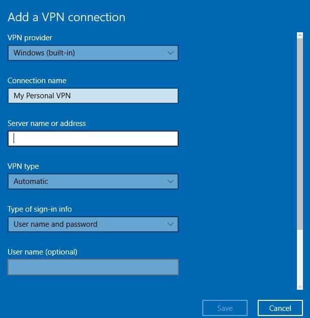 nazwa serwera lub adres VPN dla laptopa Windows 10