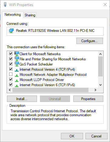 Okno właściwości WiFi Windows 10 jak wyłączyć Netbios