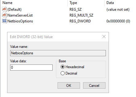 Okno edycji okna DWORD 10, jak wyłączyć Netbios