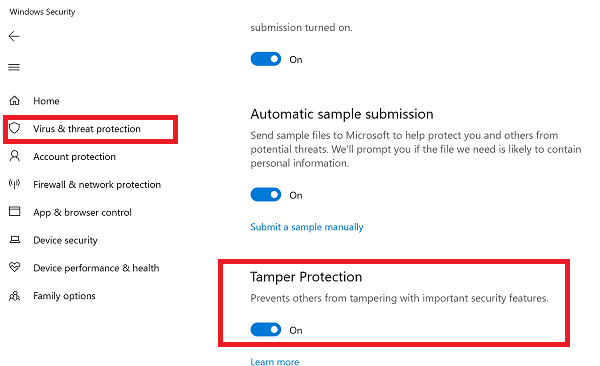 Wyłącz Włącz Zabezpieczenie antysabotażowe Metoda interfejsu użytkownika systemu Windows 10