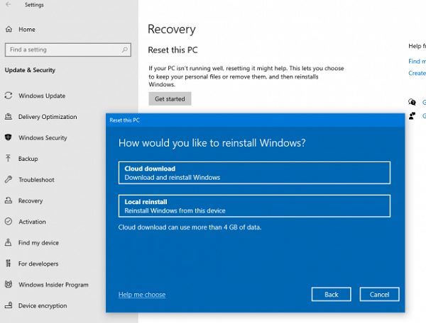 Resetowanie w chmurze Zainstaluj ponownie system Windows 10