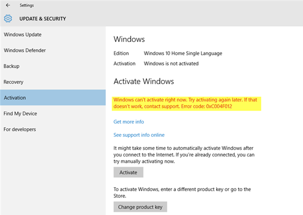 Błąd aktywacji systemu Windows 10 0xC004F012