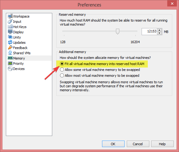 ustaw preferencje Za mało błędu pamięci fizycznej w VMware