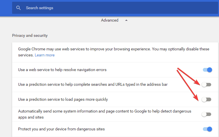 wyłącz usługę predykcyjną Google Chrome