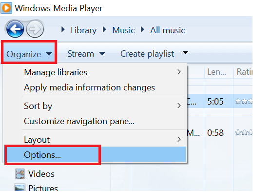 Windows Media Player - Organizuj - Opcje