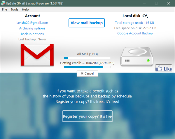 Jak wykonać kopię zapasową wiadomości e-mail Gmail za pomocą UpSafe GMail Backup Freeware