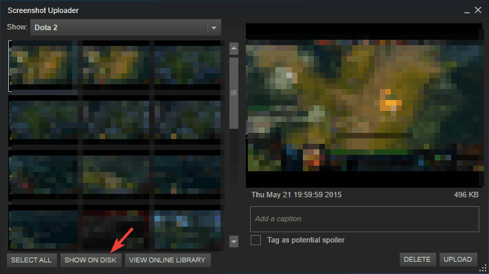 pokaż na dysku folder zrzutu ekranu Steam