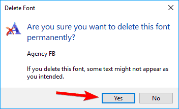 Okna pakietu czcionek nie działają potwierdzają usunięcie czcionki