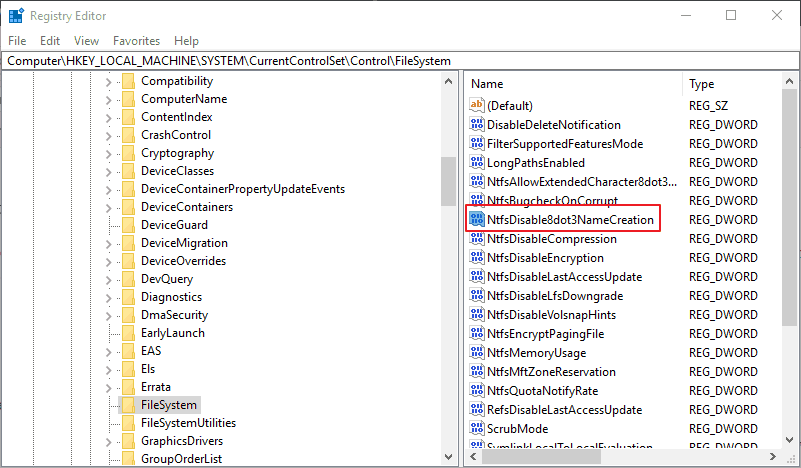 NtfsDisable8dot3NameCreation dword regedit