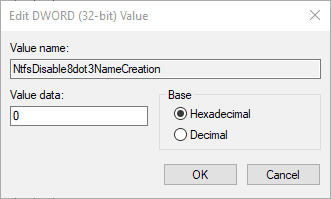 NtfsDisable8dot3NameCreation wartość regord dwordu 0